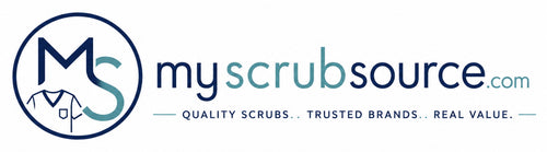 A logo banner for 'myscrubsource.com' featuring a circular emblem with the initials 'MS' and a scrub top illustration, alongside the text 'myscrubsource.